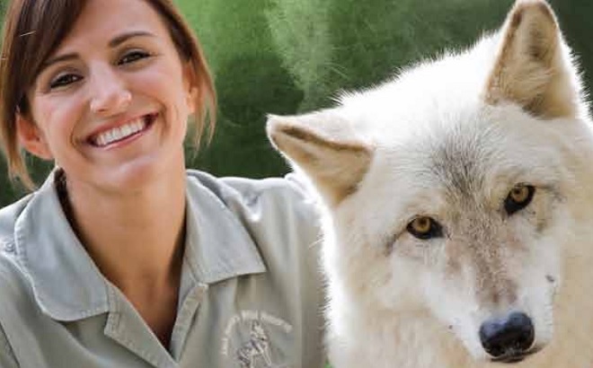 Animal trainer and a white wolf